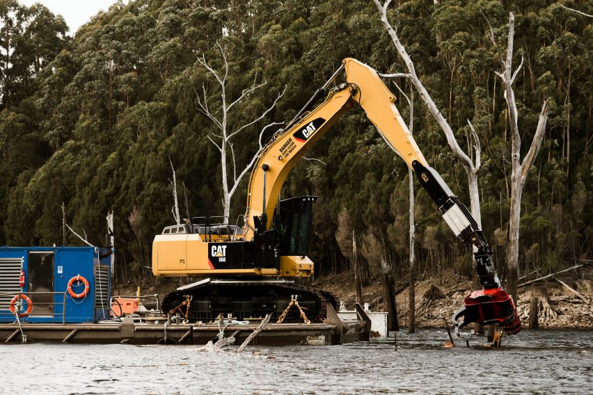 Crane harvesting submerged trees from Pieman Lake