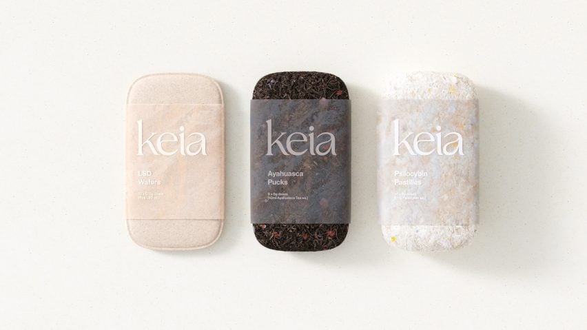 Rendering of three different Keia products: LSD Wafers in light pink wheat-based packaging, Ayahuasca Pucks in dark brown leafy packaging and Psilocybin Pastilles in white flecked mycelium packaging for microdosing 