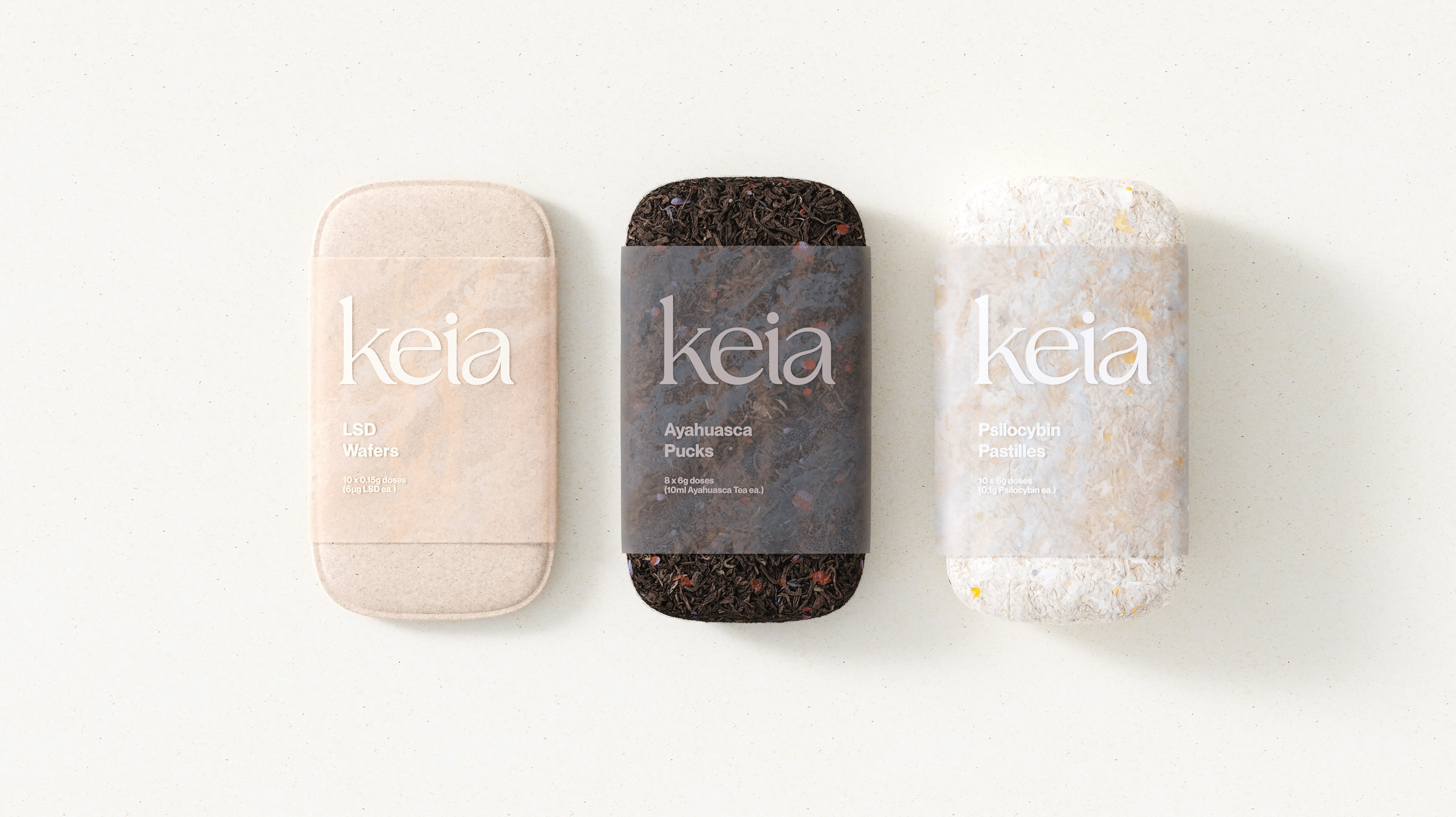 Rendering of three different Keia products: LSD Wafers in light pink wheat-based packaging, Ayahuasca Pucks in dark brown leafy packaging and Psilocybin Pastilles in white flecked mycelium packaging for microdosing 
