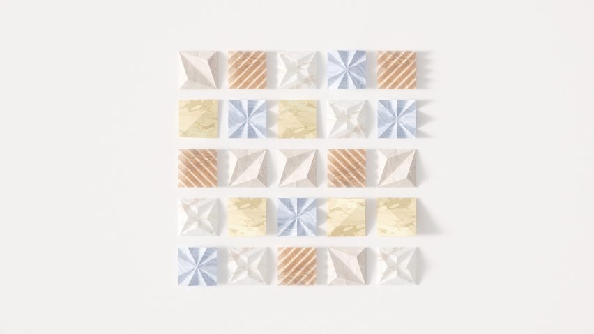 Rendering of 20 pastel-coloured Keia LSD Wafers by Layer in origami-like shapes