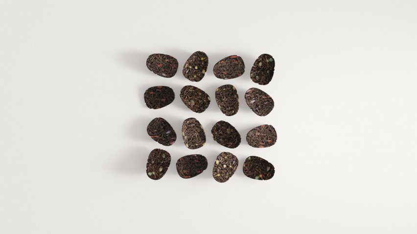 Rendering of 16 Keia Ayahuasca microdosing pucks made from compressed tea leaves