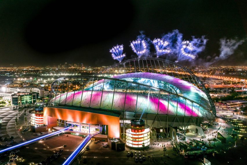 Khalifa International Stadium lit up at night