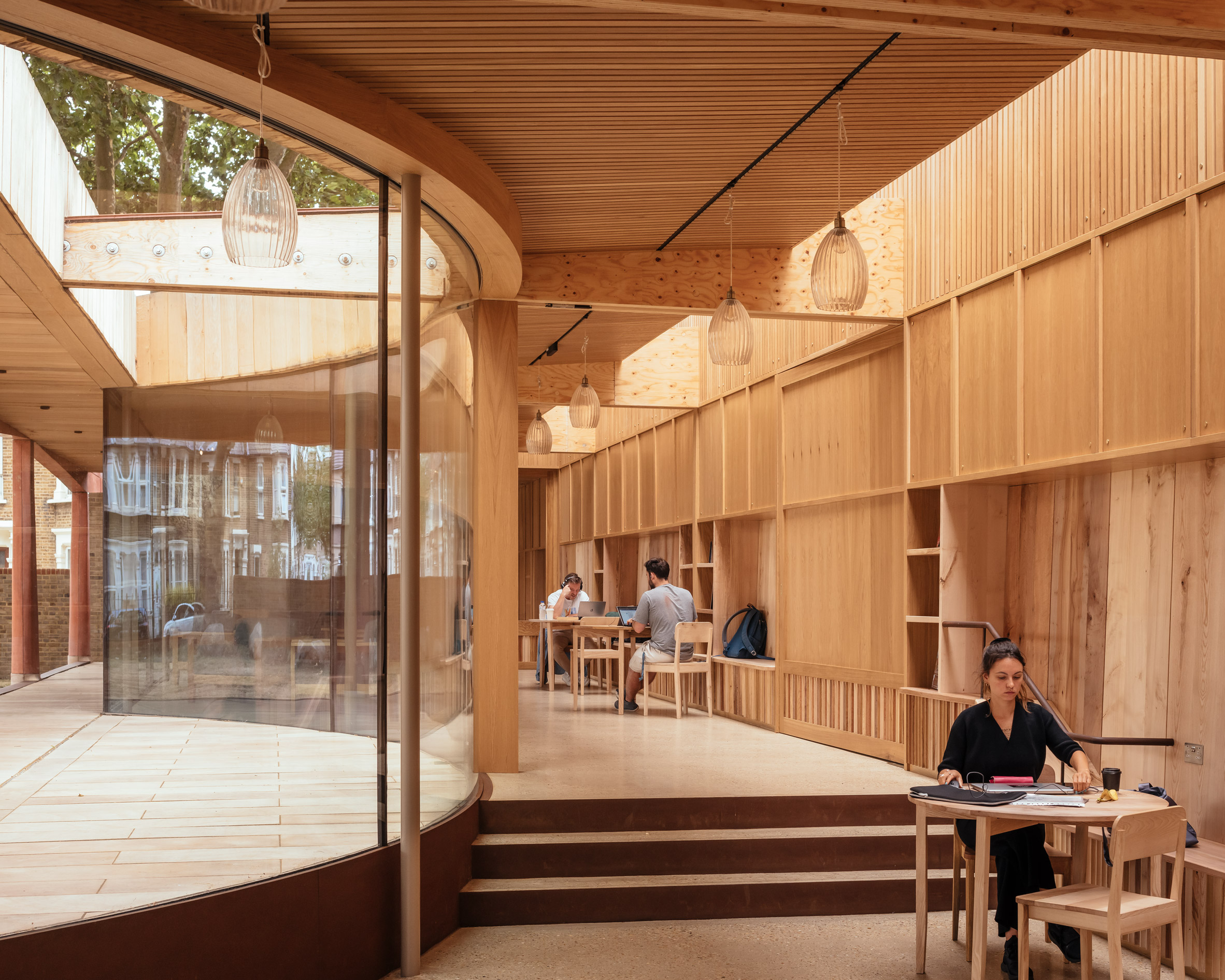 Wood-lined interior of London community centre by Studio Weave
