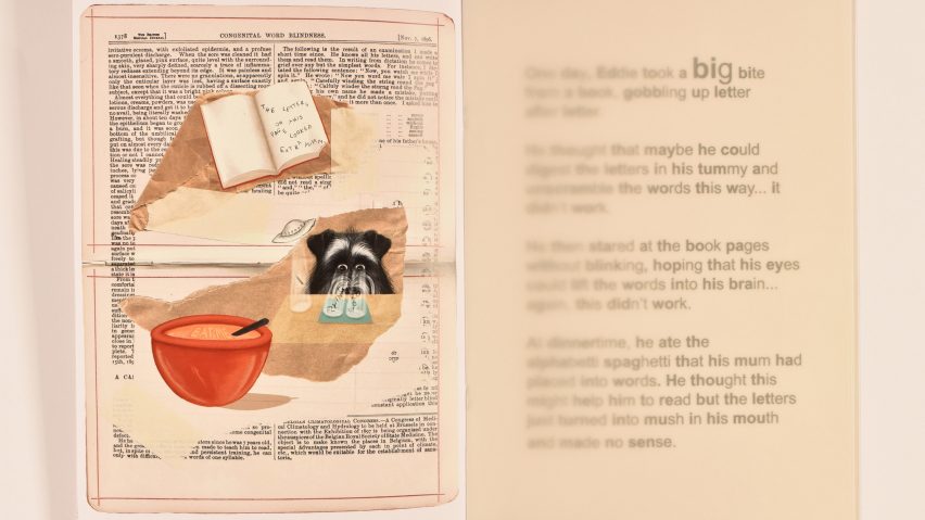 Book spread with image collage and text