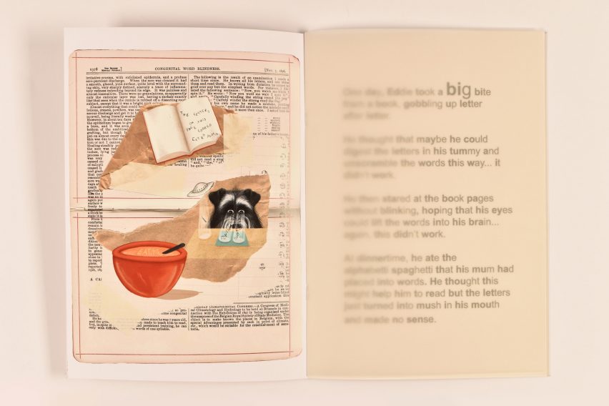 Book spread with image collage and text