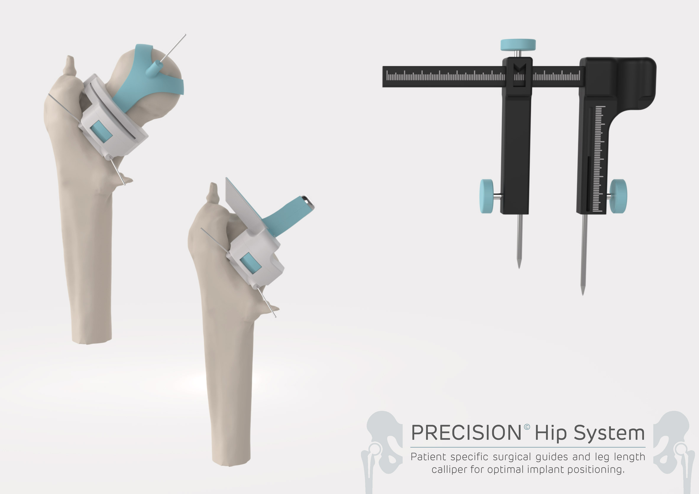 Board with images of devices that assist hip replacement surgery and text