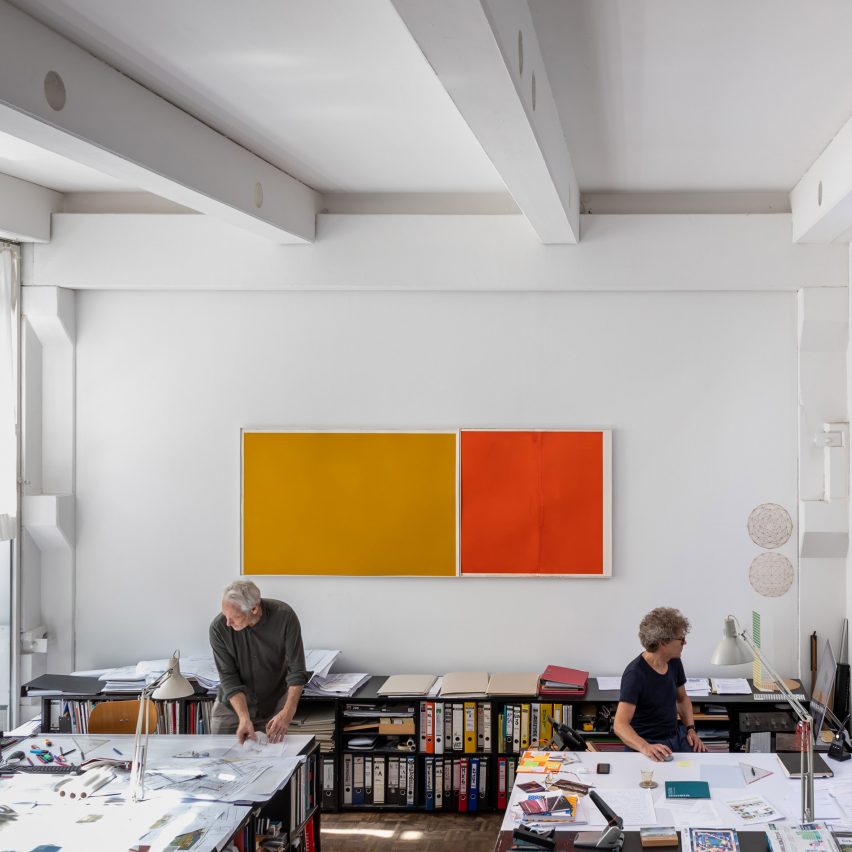 Interior image of an architecture office in Munich with art hung on the walls