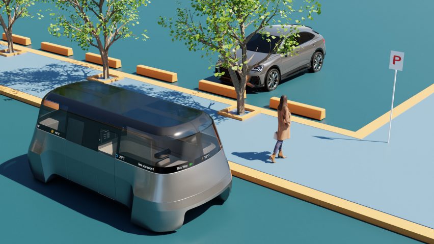 Futuristic car and van in blue parking lot