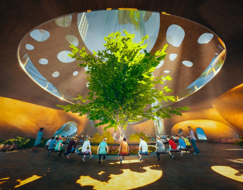 Visualisation of futuristic interior with tree at centre