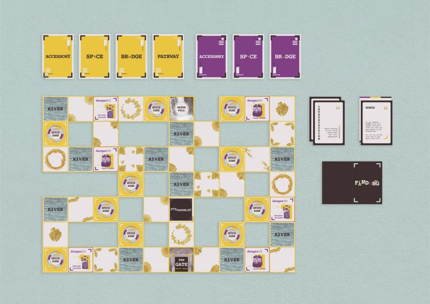 Game with paper and cards in yellow and purple on pale blue background