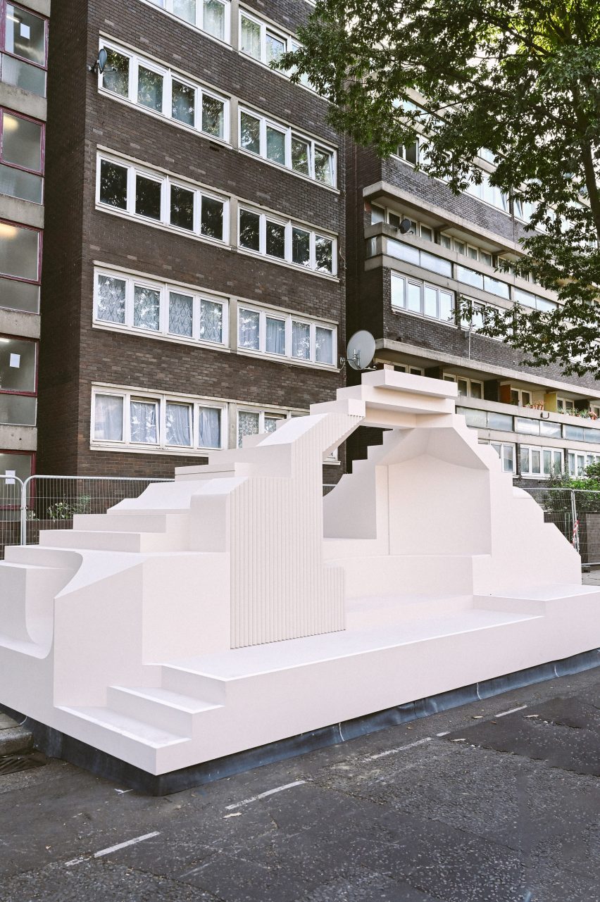 Tiered seating and stage of Notting Hill Carnival pavilion by Sumayya Vally