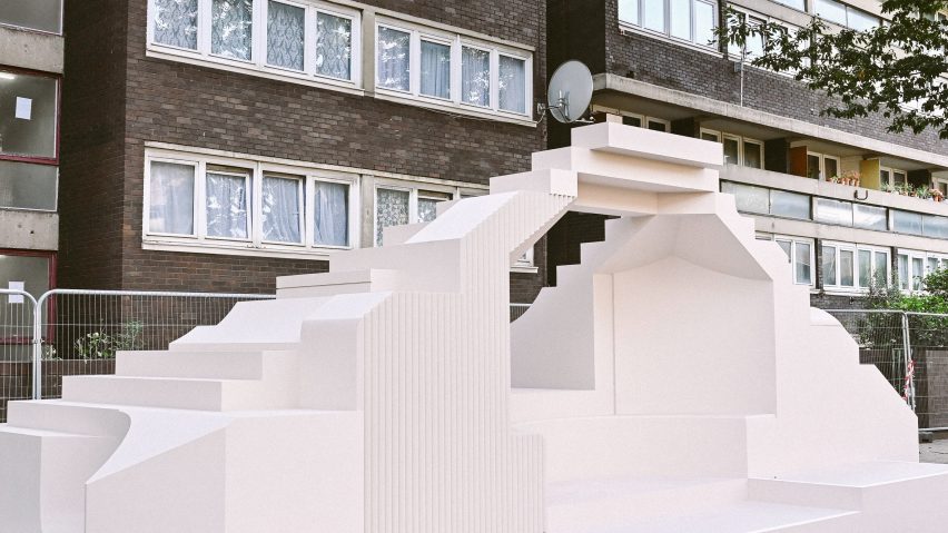 Tiered seating and stage of Notting Hill Carnival pavilion by Sumayya Vally