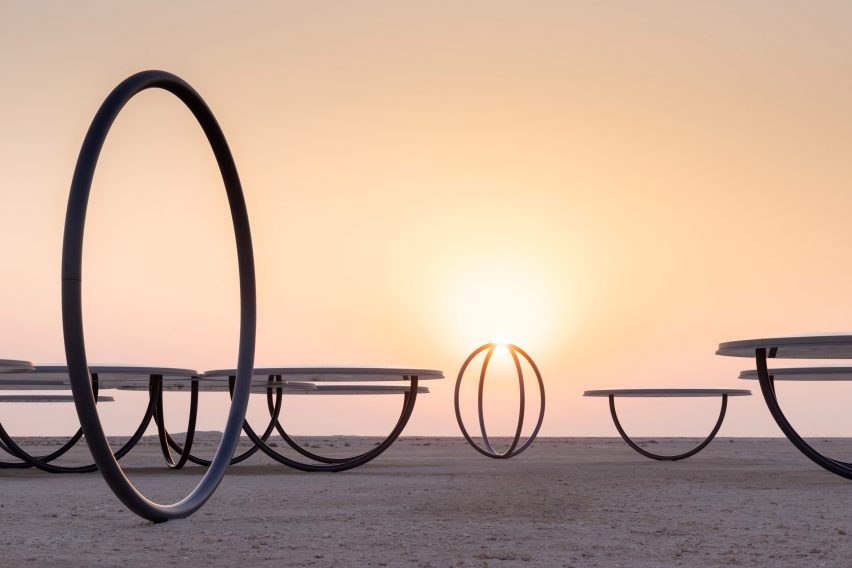 Ringed structures by Olafur Eliasson on a desert