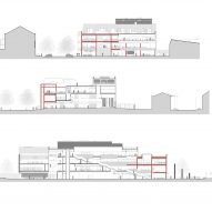 Sections of One Elmwood student hub at Queen's University Belfast, designed by studios Hawkins\Brown and RPP Architects.