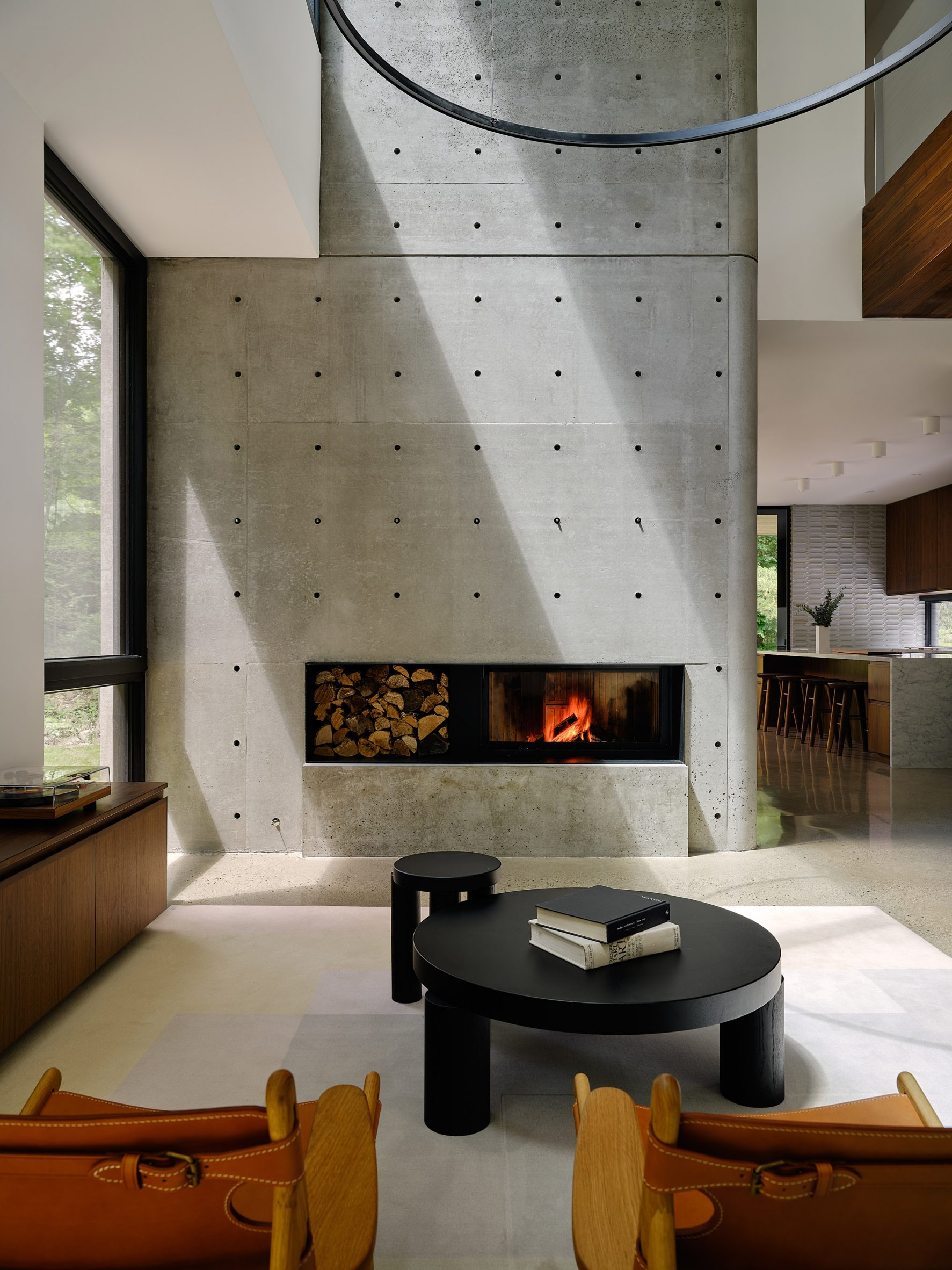 Exposed concrete fireplace