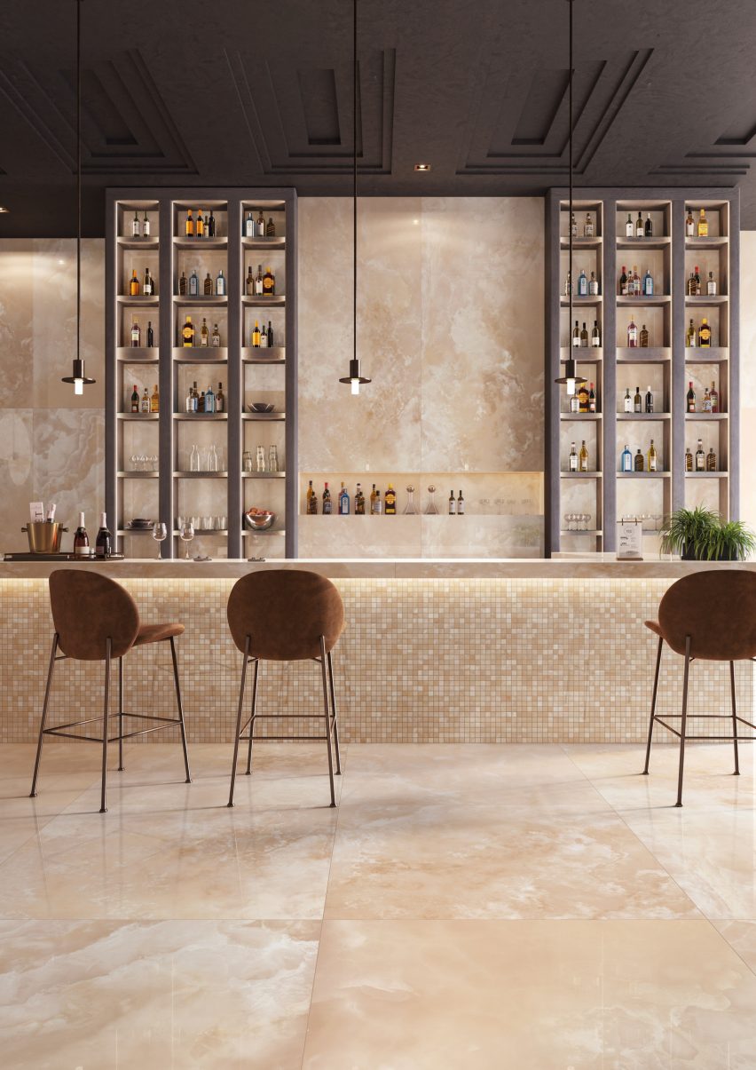 Bar space with glossy tiles on walls and floors