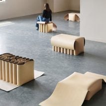 Linoleum furniture collection of stools and tables by Lina Chi
