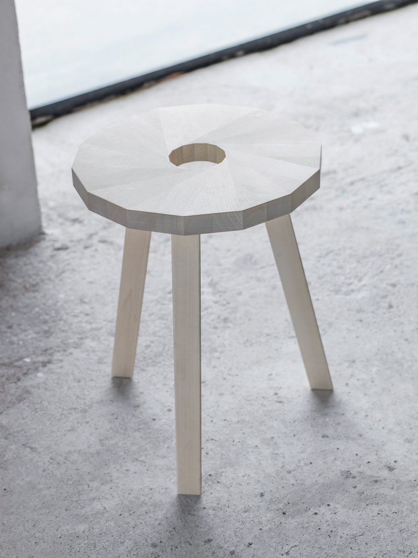 Close up of the Lilla Snåland stool finished in white oil