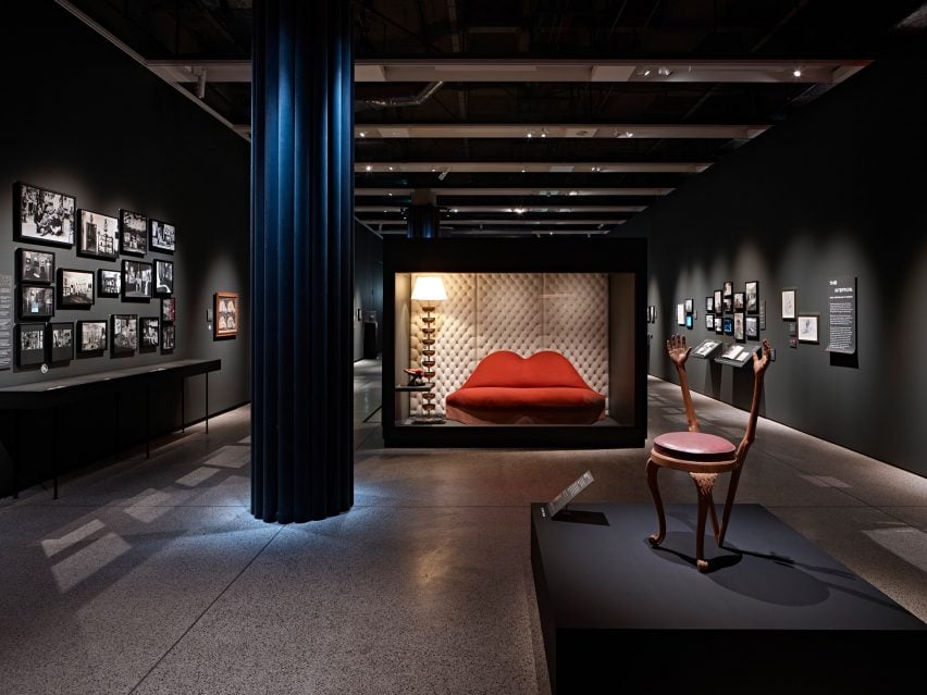 Salvador Dalí's Mae West Lips sofa on display at the exhibition