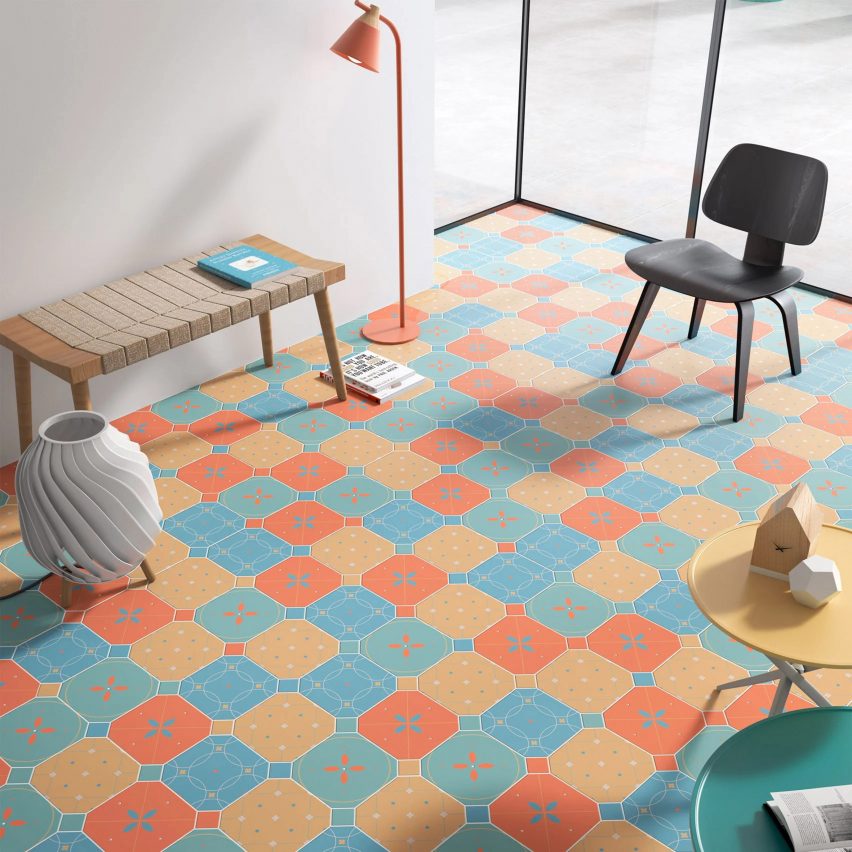 Blue, coral and yellow Tender floor tiles by Cervica