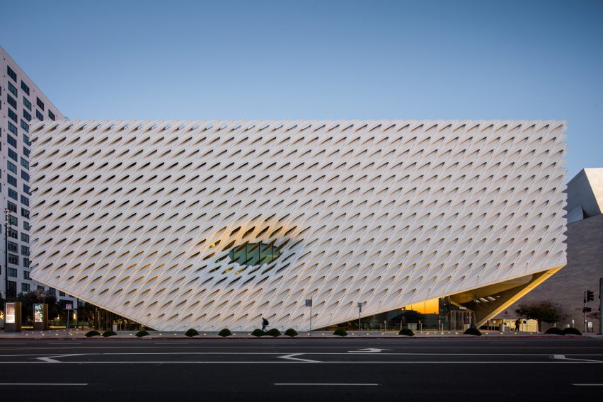 The Broad museum's exterior at street level taken at sundown