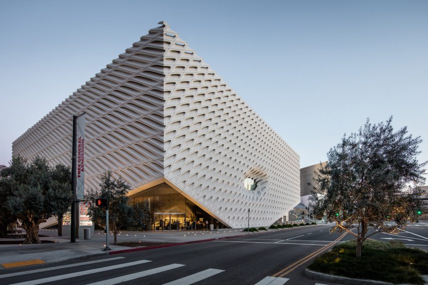 Front view of The Broad museum's exterior taken at sundown