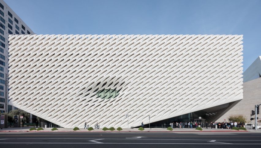 Side view of the exterior of The Broad museum showing the street entrance