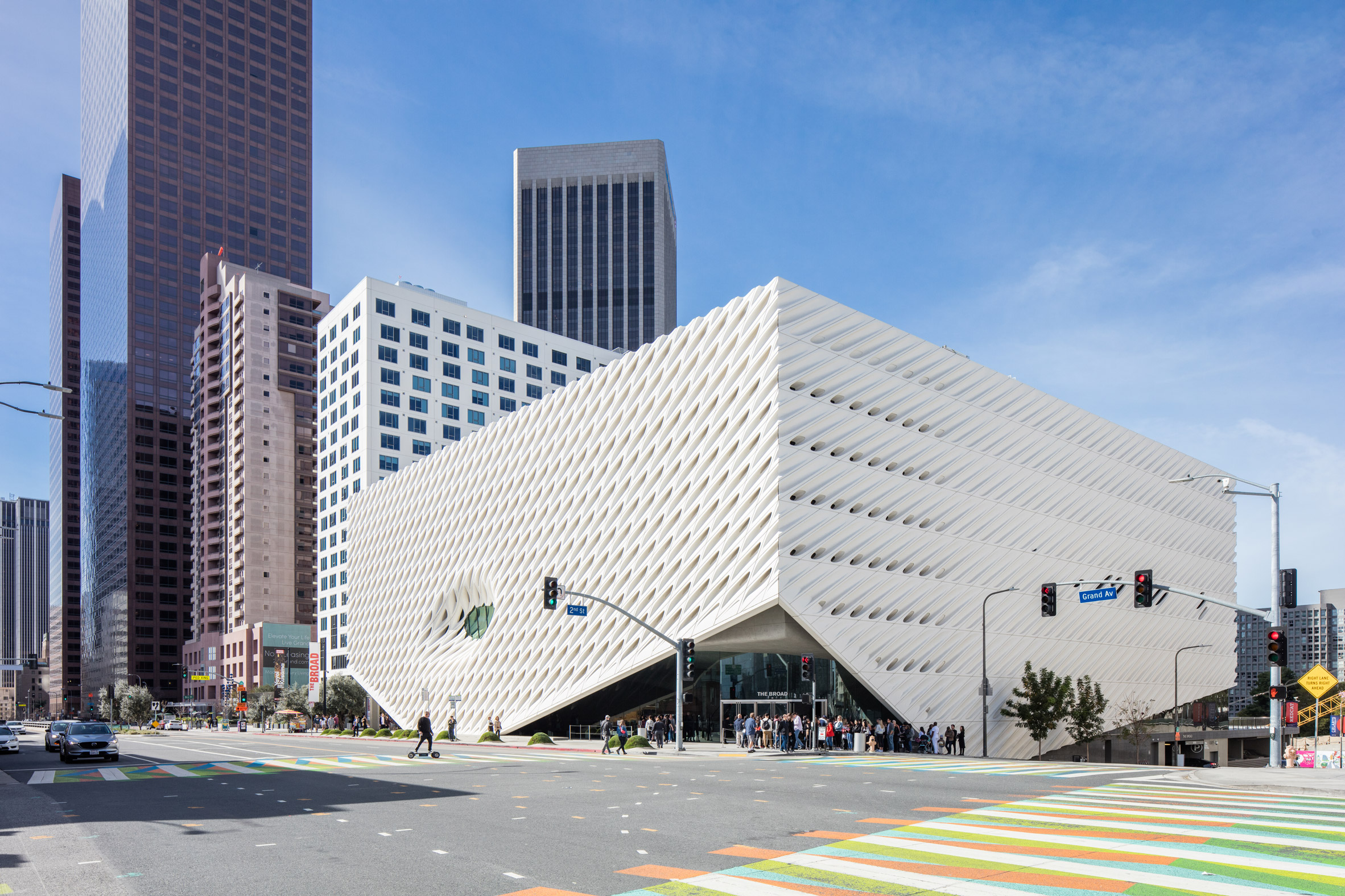 Front view of The Broad museum's exterior taken from a pedestrian's perspective