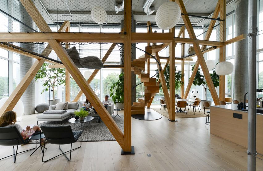 Timber beams forming structures in living space