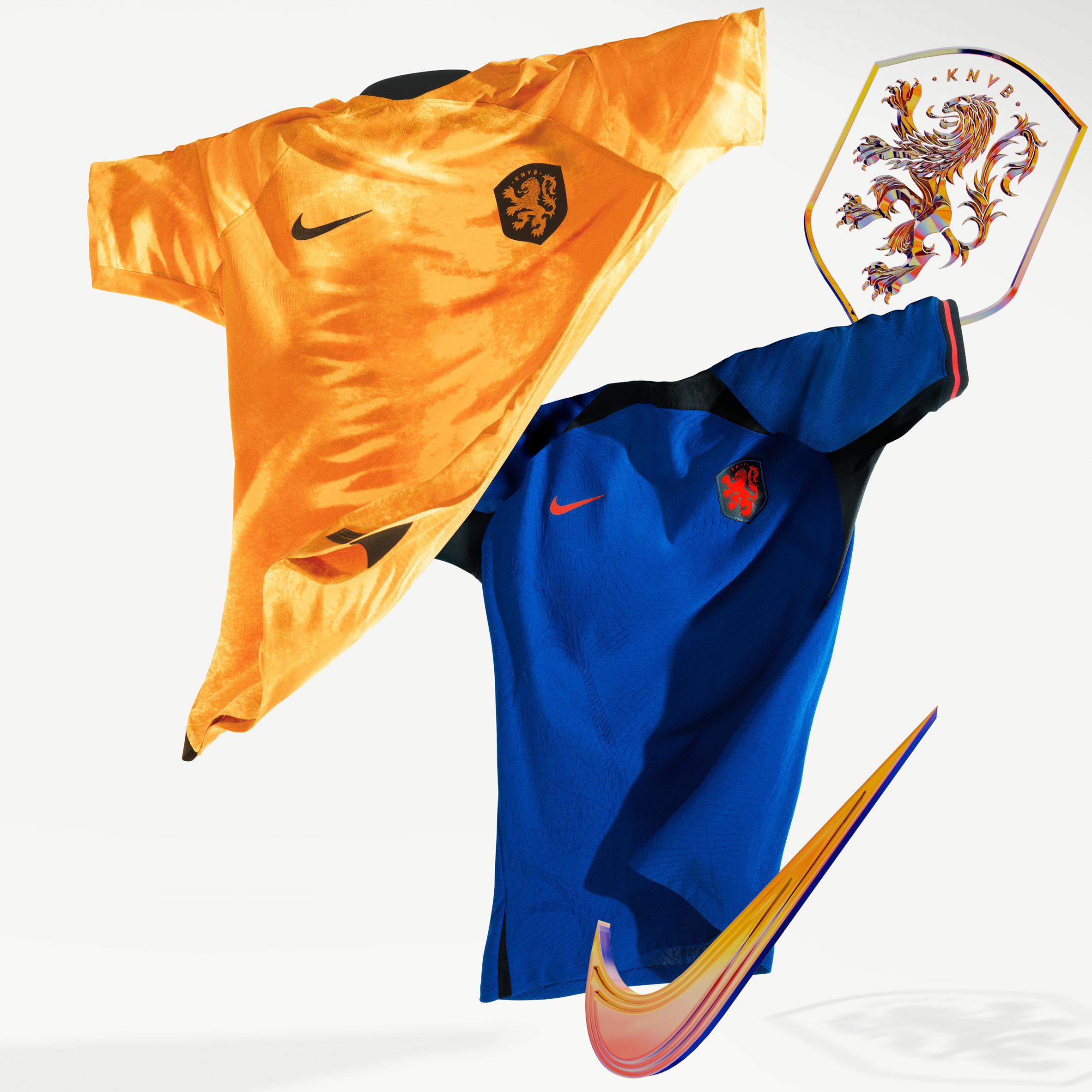 An orange and a blue football shirt