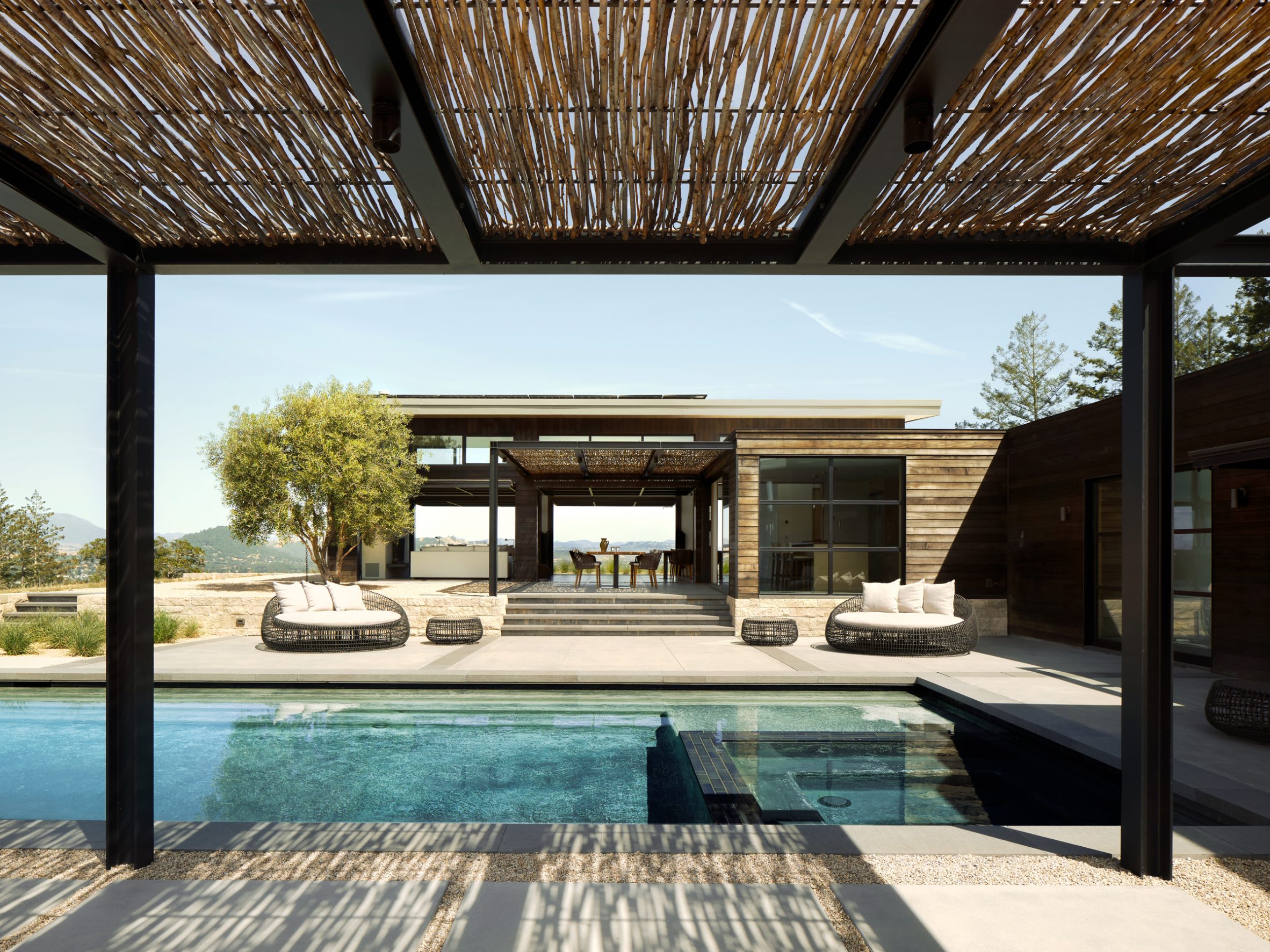 Swimming pool and terrace at California hilltop home