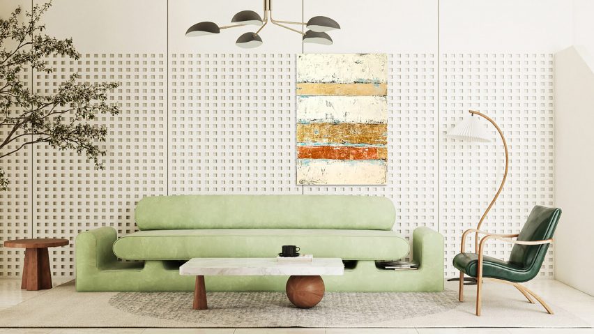 Photograph of living room with abstract art piece on the wall