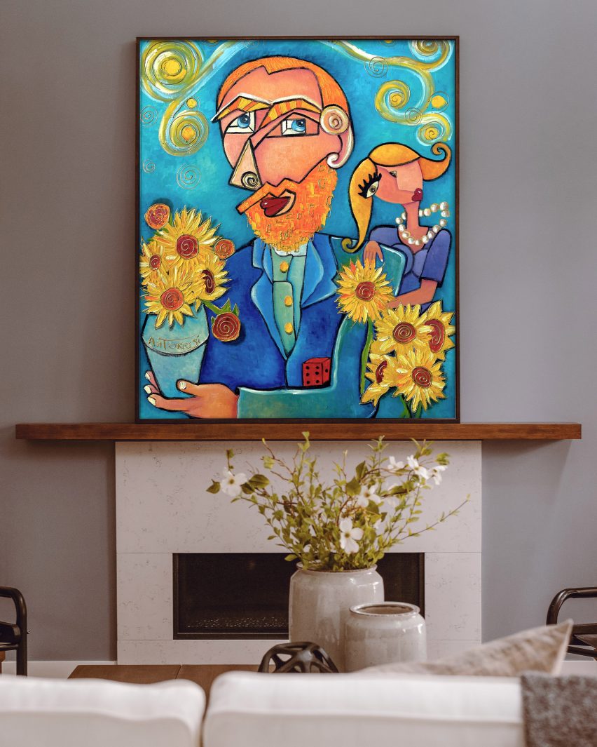 A abstract portrait of a couple holding sunflowers