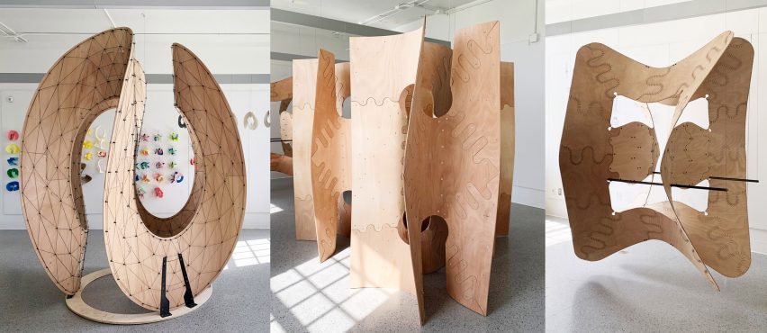 Collage of photographs of large-scale plywood prototypes