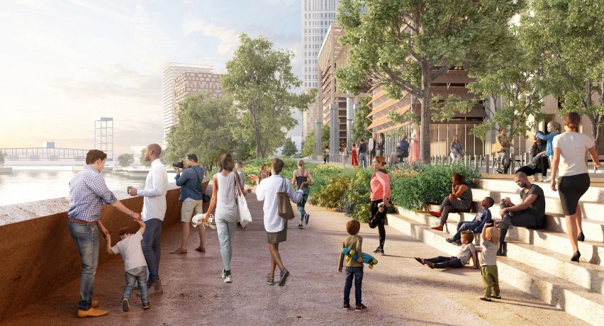 Rendering of people walking on new Cleveland waterfront