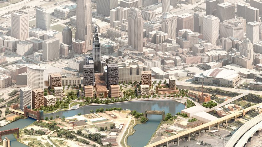 Aerial of Cleveland riverfront development by Adjaye Associates