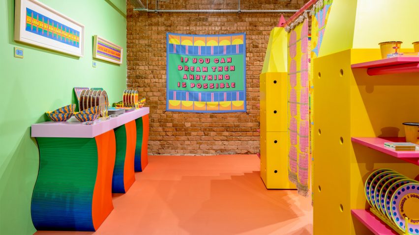 Colourful display stands in Yinka Ilori's London pop-up shop