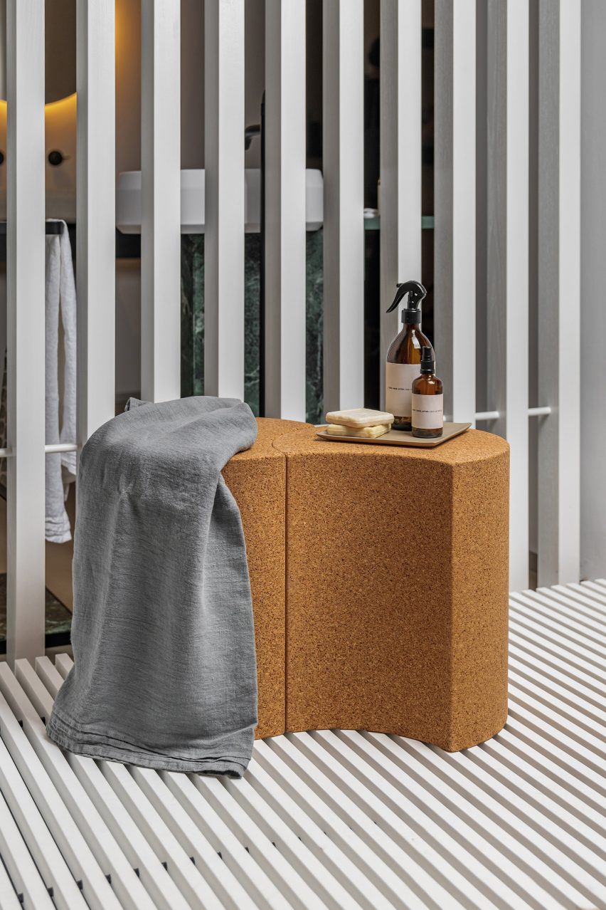 Vis-a-vis cork stool by Agape in a bathroom