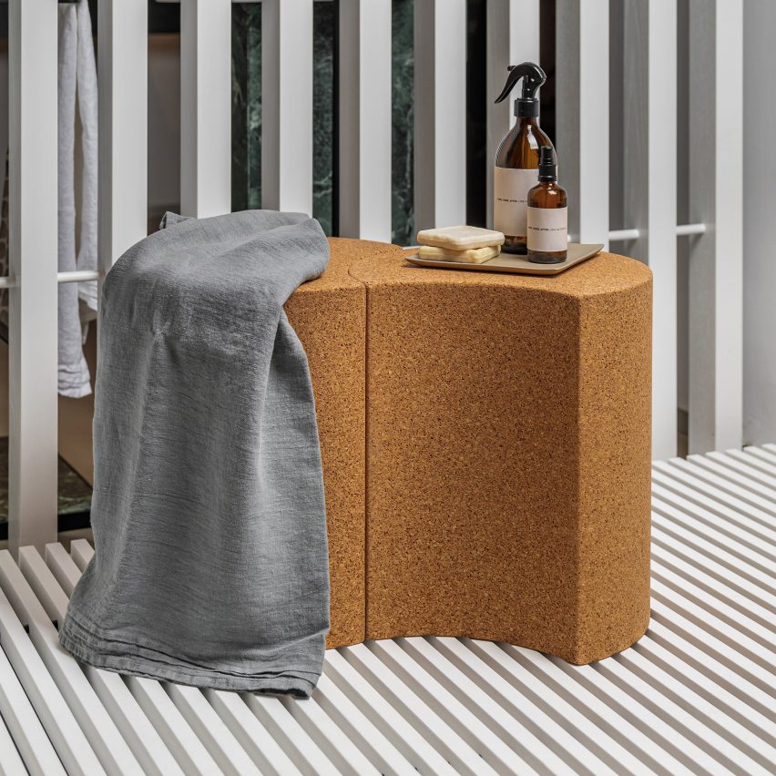Vis-a-vis cork stool by Agape in a bathroom