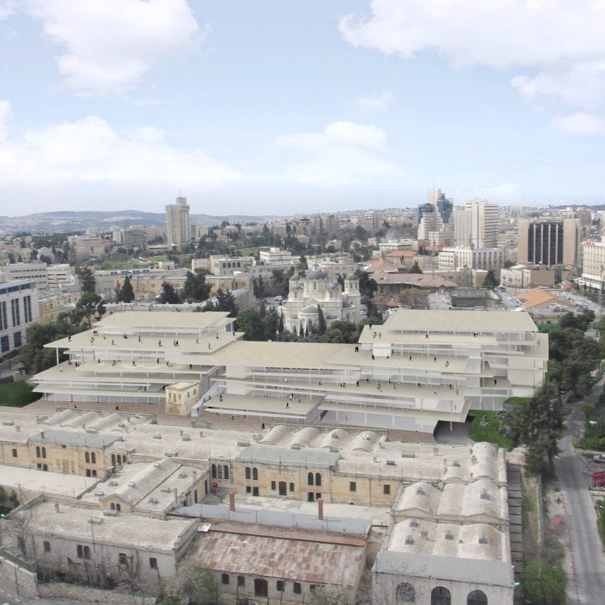 Aerial visual of SANAA's Bezalel Academy of Arts and Design campus in Israel