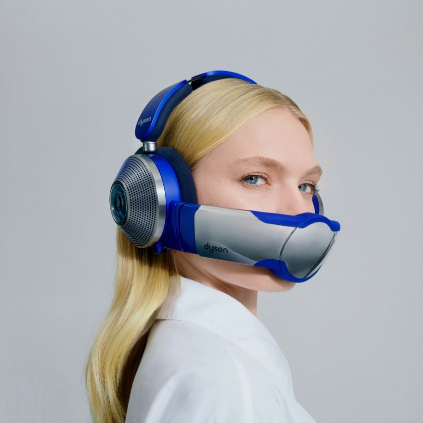 A woman wearing the Dyson Zone visor of the best product designs in 2022