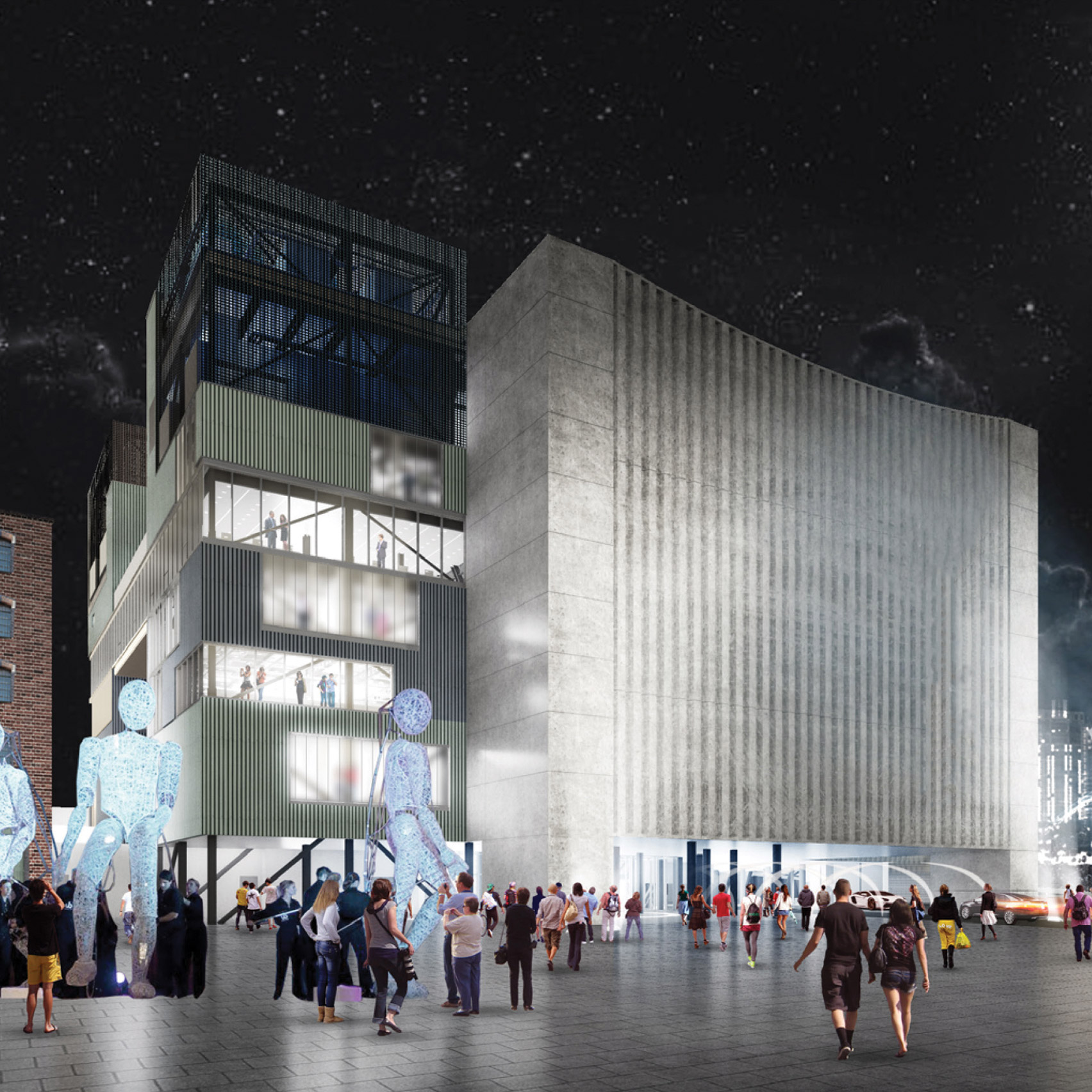 Render of plaza outside Factory International by OMA