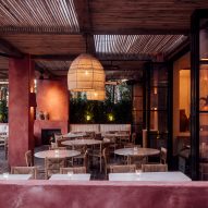 Great White Melrose in LA offers outdoor dining on a pink-plaster patio