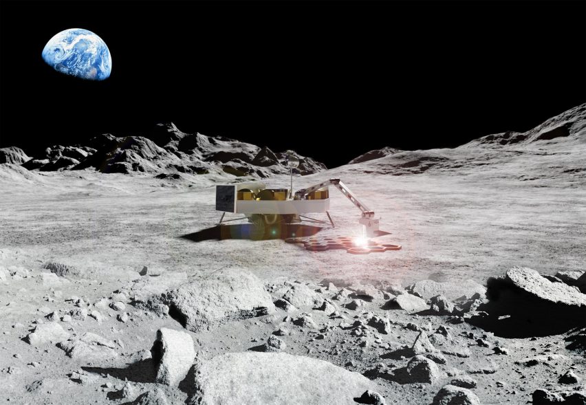 A rendering of a 3D-printer on the moon