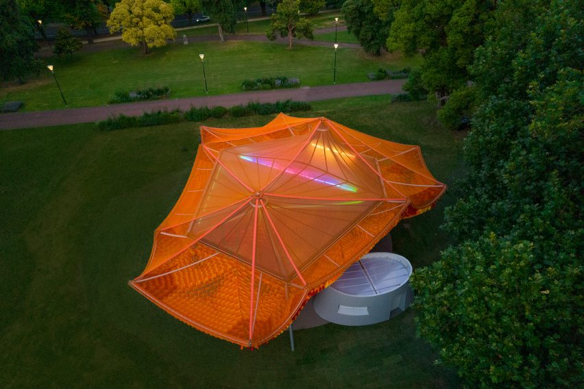 Aerial view of pavilion in Queen Victoria Gardens, Melbourne