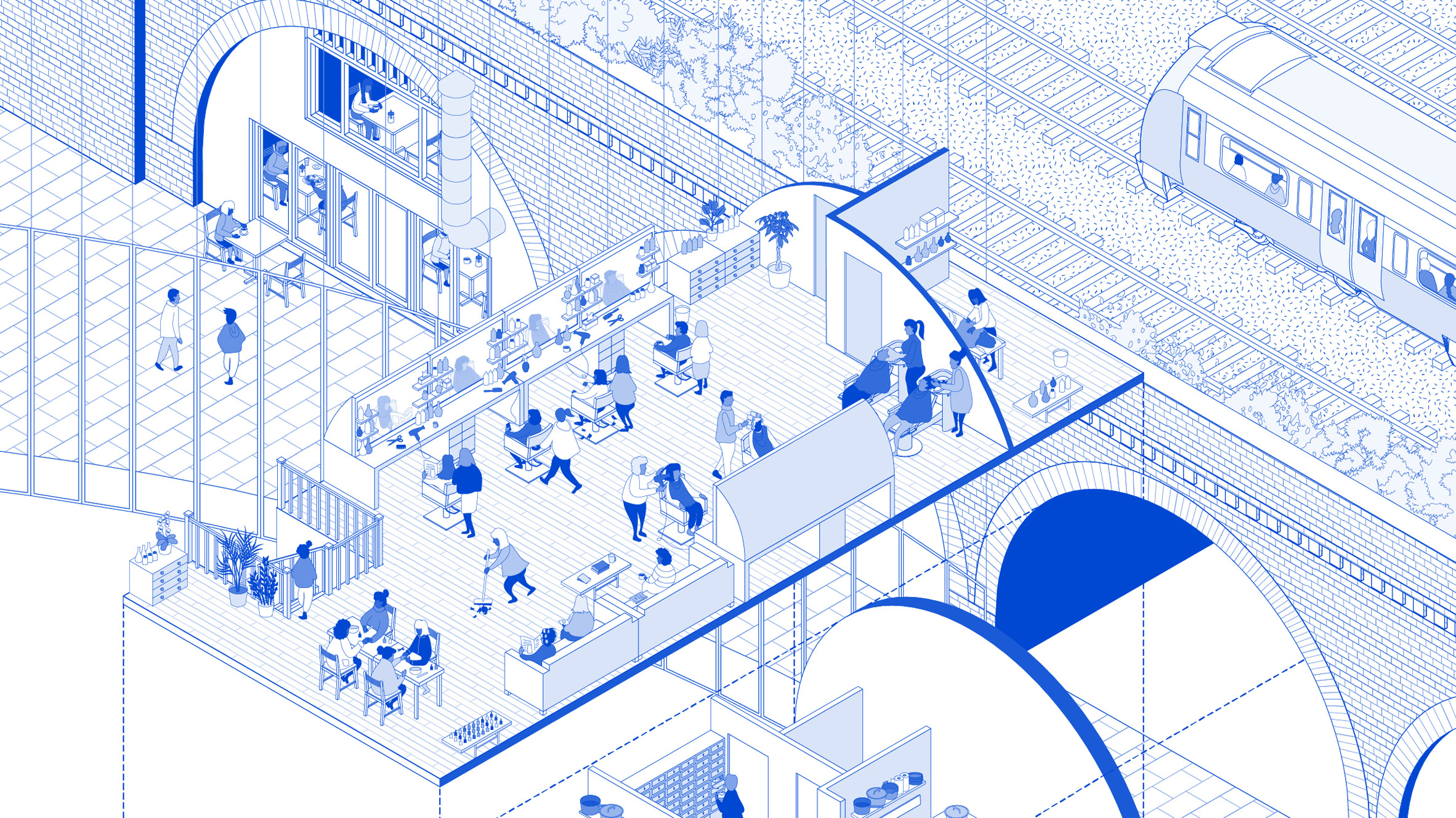 Blue and white isometric drawing of a cultural space under arches by Theatrum Mundi student