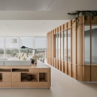 Oak-lined boxes delineate living spaces at Bureau Fraai's Panorama Penthouse
