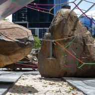 sandpit and boulders of Mike Hewson's Rocks on Wheels playground sculpture in Melbourne