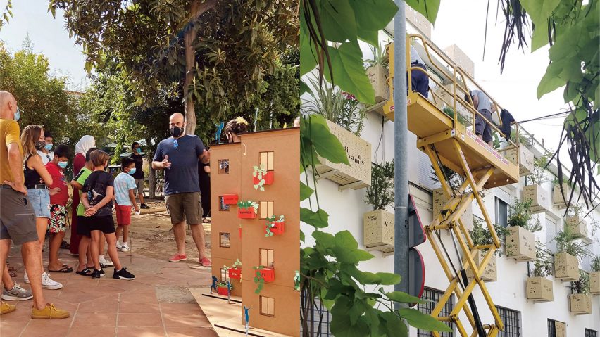 Split image of people gathered outside around a model of a building and plant boxes on the exterior of a white building