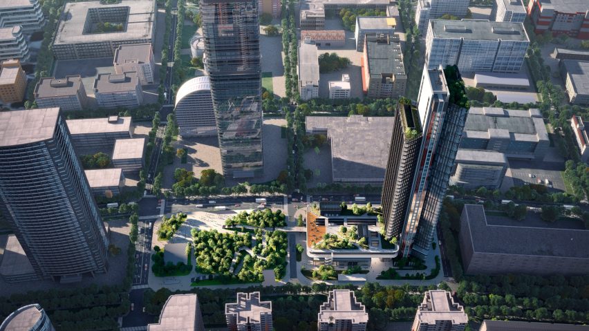 Aerial render of Shenzhen-Hong Kong Innovation Integrated Service Centre skyscraper by RSHP